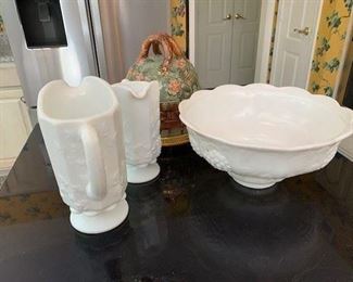 Set of 2 Milk Glass Pitchers $24; Milk Glass Punch Bowl $20; Majolica 2 Piece Cheese Dome $22