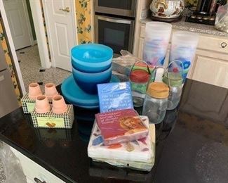 Lot of Summertime Entertaining Fun Including: Plastic Bowls and Plates, 44 Flower Pot Napkin Holders, Assorted Cocktail Napkins, and Plastic Tumblers $25