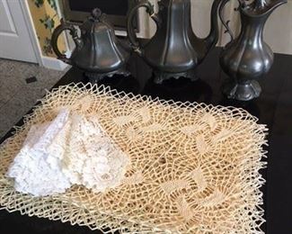 Three Piece Shaw and Fisher Service $68; 13 Crocheted Place Mats w $11 Napkins $32