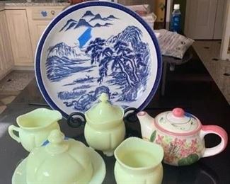 Blue & White Charger & Stand $40 ; Pink & Green Teapot $15 ; 4 Pieces of Antique Butter Glass $45