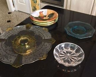 3 Chicken Plates $10; Etched Cakeplate $15; Two Assorted Glass Plates $10