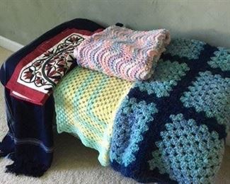 Large Handmade Afghan Blanket $25; Two Handmade Baby Blankets $20; Blue Wool Throw and Quilted Sham $20
