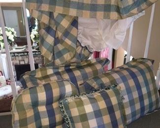 Country Curtains Immaculate Bedding Pieces in Blue Gold and Green Check (cotton/polyester mix) Including: King Bed Skirt, Pair of Pillows, Throw Pillow, Seat Cushion $85
