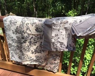 3 pairs of black toile Country Curtains one slightly faded and 17 valances $65
