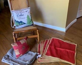 Vintage fruitwood caned rocker $45; Lake pillow $10; Monkey pillow $10; 3 taupe Sunbrella cushion cover $16; 6 NWT Pottery Barn shams $40