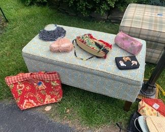 Red floral quilted April Cornell bag $25; fabulous grey shell expressions scale bag $15; Mary Frances Christmas handbag $125; sweet pink beaded pouch purse $35; Sydney love dog decorated wallet NWT $12
