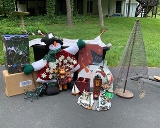 Christmas lot with 2 outdoor laser lights, Advent snowman, slate hand painted snowman sign, metal holiday tree and assorted ornaments $32
