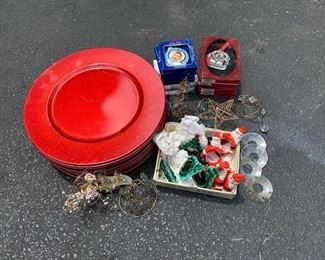 16 Red charger not food safe, 15 holiday ornaments, 8 holiday napkin rings and glass candlestick rings $25
