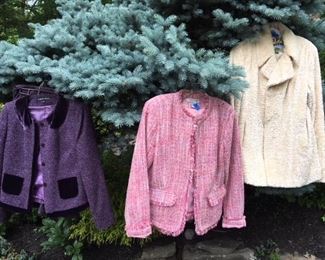 Albert Nippon size 8 purple suit w skirt $30; Newport News size 10 pink jacket $12; Pamela MCoy coat size S $40