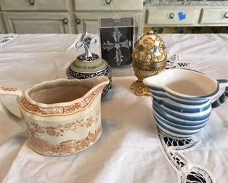 Glass cross ornament $3; Hebrews quotation box $5; decorative egg box $6; 19th century English quail pitcher $12; fabulous Austrian striped pitcher $14
