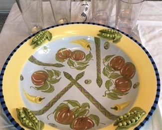 Set of 7 glasses (2 glass/5 plastic) $8; whimsical pea decorated large serving bowl $25

