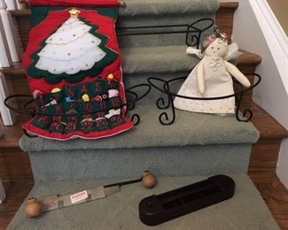 S/3 entree holders $12; angel and advent calendar $12; two handle blade $12; wooden desk organizer $12