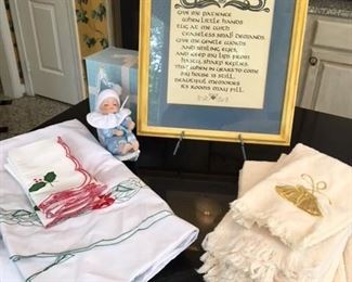 Mothers framed prayer w boxed musical baby $12; holiday tablecloth and napkins $8; 5 holiday hand towels $10