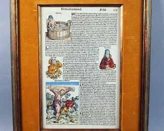 Original Page From The 1493 Nuremberg Chronicle, Framed With Contemporary Hand Coloring