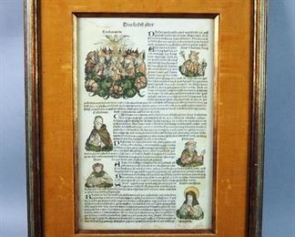 Original Page From The 1493 Nuremberg Chronicle, Framed With Contemporary Hand Coloring