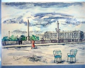 Vintage Watercolor By Robert Bailey Titled: "Place De La Concorde", Dated 1936