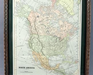 Vintage Color Lithographed Map Of North America, 1885, Matted And Framed