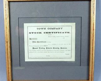 Antique Town Company Stock Certificate (Framed), 1860s, For The City Of Mound Valley, Labette County, Kansas