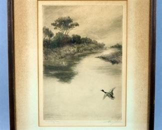 Vintage Etching, Framed, Circa 1920 Copper Etching Titled: "On A Winding River", Artist Signed
