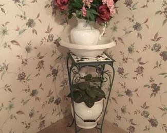 Plant stand, bowl & pitcher set, handled ceramic jar and decor