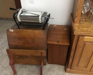 Vintage school desk, grill, and wooden bin