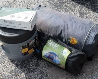 Bass Pro 18' x 10' Family Tent, Camp Valley 2 Person Dome Tent, Reliance Hassock Portable Toilet, Tarps, And The Wag Bag Waste Kits