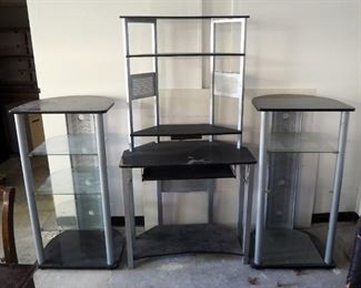 Metal Framed Computer Desk (69" x 36" x 20") With Matching Glass Shelving Units (47" x 24" x 22")