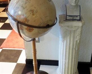 Replogle 16" World Classic Globe On Stand, Phrenology Model, And 27.5" Cast Floor Column