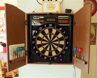 Halex Electronic Dart Board With Wall Mounted Cabinet, Includes Gaming Darts And Accessories, Cabinet Measures 25.5" x 22" x 4"