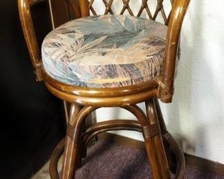 39" Bamboo And Rattan Bar Stool With Upholstered Seat