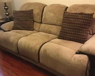 Brushed velvet fabric couch w/matching reclining chair (see next pic). 88" x 36" x 39". 2 piece set - $350