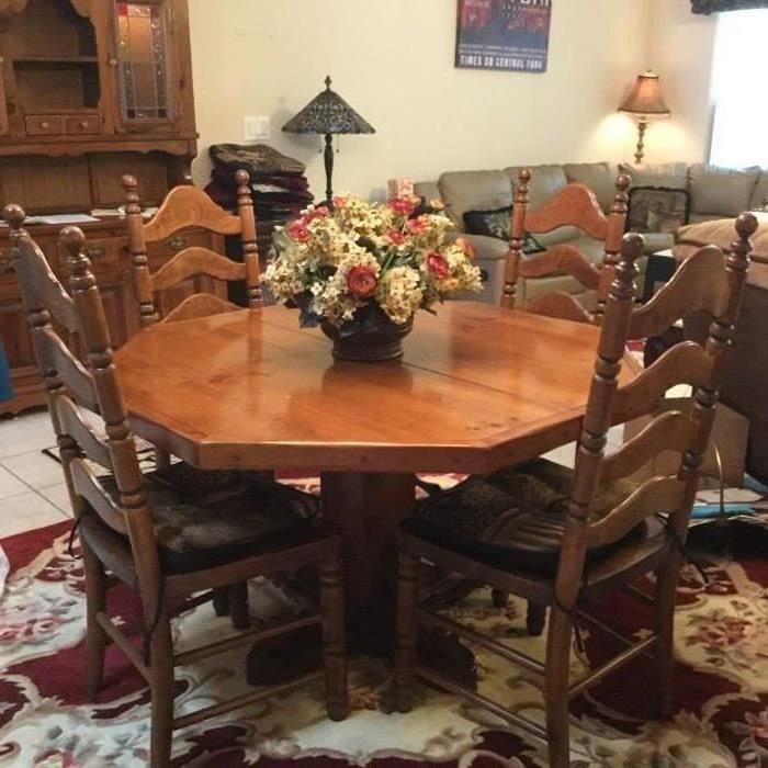 6-seat octogonal dining table w/two leaves, custom table pads and seat covers ($400) with matching stained glass Haywood Wakefield Hutch ($250). 10-piece set: $600.