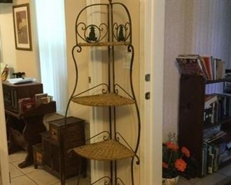 Metal & basket weave corner shelf unit 60" tall $45