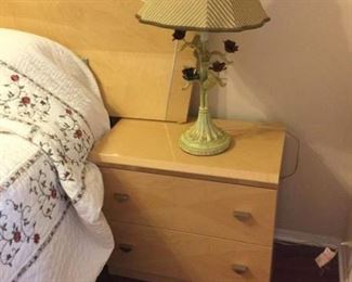 6-piece modern deco-style bed set includes: queen mattress, queen or king headboard (27" x 46"),  metal bed frame, (2) 2-drawer nightstands (24" x 14" x 22") , long dresser (55" x 17" x 31")  $600