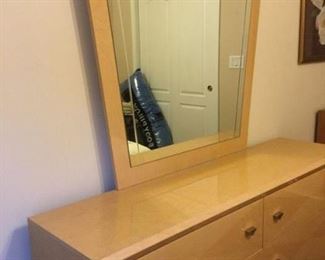 6-piece modern deco-style bed set includes: queen mattress, queen or king headboard (27" x 46"),  metal bed frame, (2) 2-drawer nightstands (24" x 14" x 22") , long dresser (55" x 17" x 31")  $600