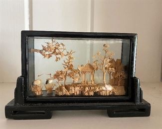 Vintage Chinese carved cork scene in glass display case