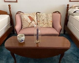 Carved mahogany settee and beautiful drop leaf coffee table