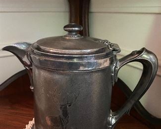 Antique silver plate coffee pot with etched silver elk