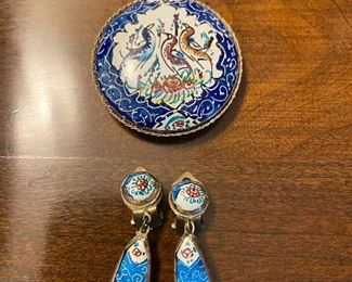 Persian enamel hand painted drop clip and pendant