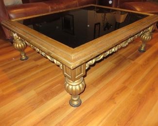  Italian Gilded Carved Coffee Table  circ 1950s Black Glass Top
