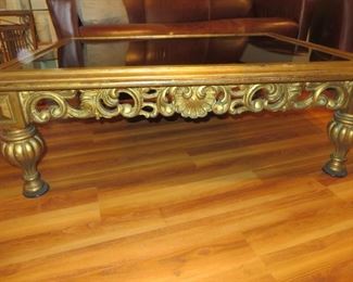  Italian Gilded Carved Coffee Table  circ 1950s Black Glass Top