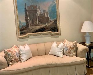 $2,250  Custom curved backed round arm sofa in butterscotch hammered silk with coordinating cord trim.  Drop skirt and pleated outside back.  34"H x 97"W x 37" D. 