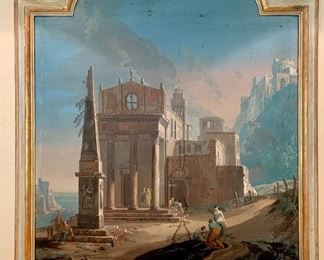 $4,450 "Landscape with Ruins" tempera on canvas, circa 1775.  Bolognese school. Approx 61" x 48" .  Detailed photographs of canvas front and back available.