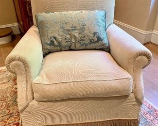 $595 Single high back rolled arm club chair upholstered in stone/beige chenille with decadent trim.  Note  damage to arms.  34"H x 34"W x 31"D
