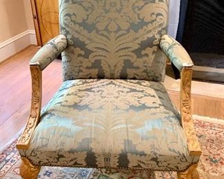 $395 Minton-Spidell 25% down material George II style gilded silk damask upholstered armchair with nailhead trim.  As is.  Approx 40"H x 27.5"W x 24.75"D.