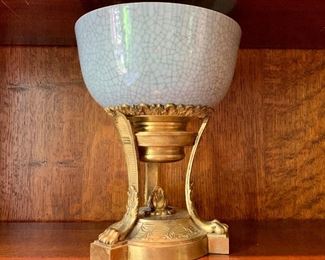 $695 19th Century antique french compote with blue crackleware bowl and ormolu stand  9.25" H x 7.25" diameter.  