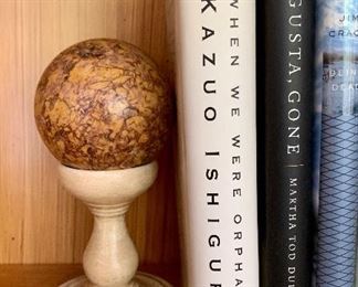 $95 French newel post.  Marblelized ball on wood stand, circa 1850. 7"H