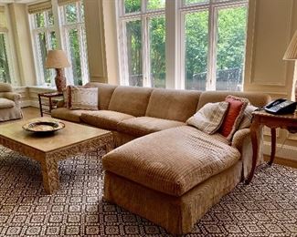 Family Room.  (Lamps not available for sale) $695 Minton-Spidell Boho Chic coffee table 60Lx34.25Wx18H; Tan wide wale corduroy sofa.