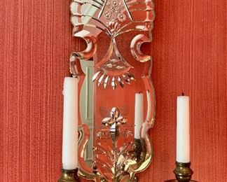 $850 PAIR. First of two arm brass mirror backed sconces.  Approx 20" H. 