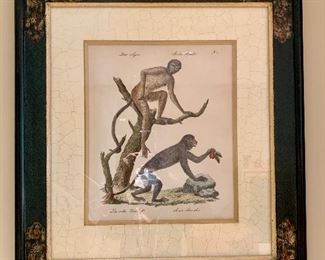 Two of two monkey prints, double matted crackle glaze and painted frames 29"H, 26"W29"H, 26"W